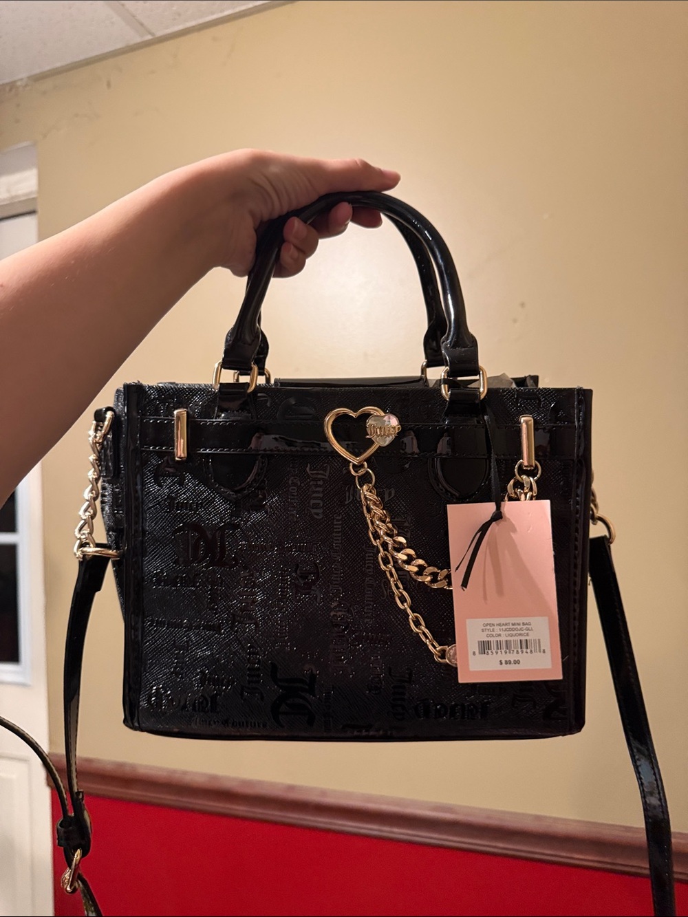 Black Patent Heart-Accent Satchel Handbag